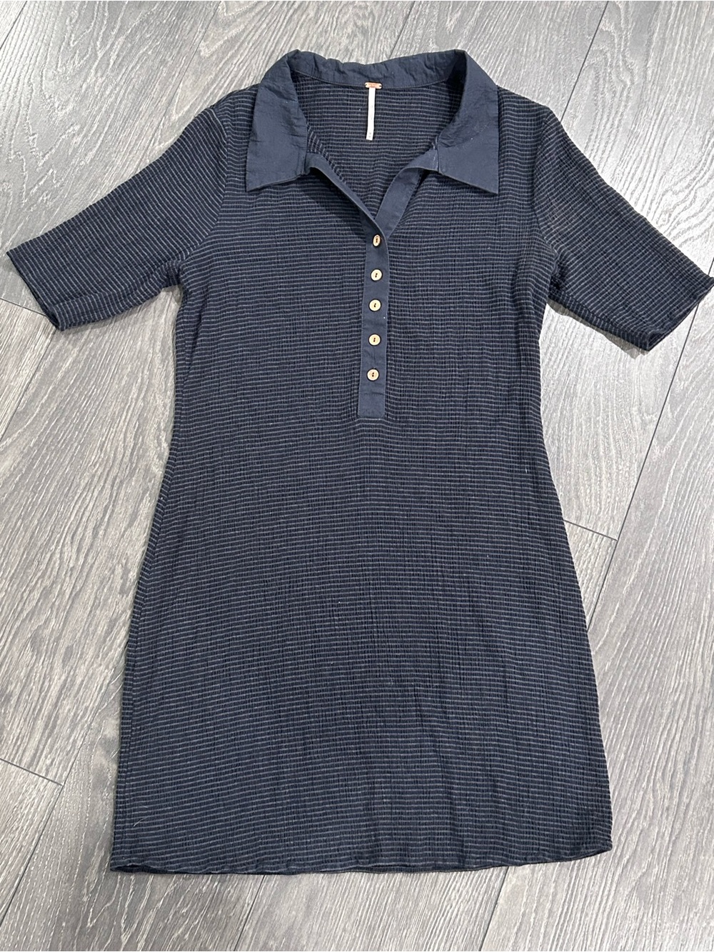 Free People Textured Smocked Polo Mini Dress - Navy Blue - Size Medium